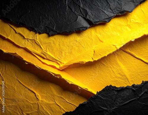 Abstract composition of torn black and yellow paper layers.