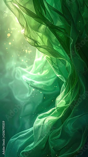 Swirling emerald fabric illuminated by golden light.