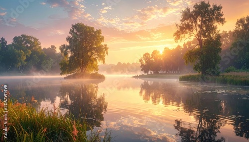 Serene morning lake bathed in golden sunrise light with mist.