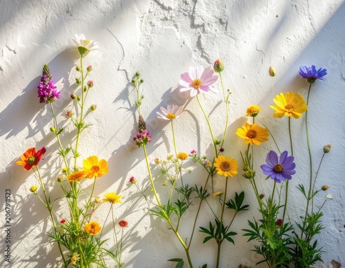 Vibrant wildflowers bloom against a textured white wall, bathed in sunlight.