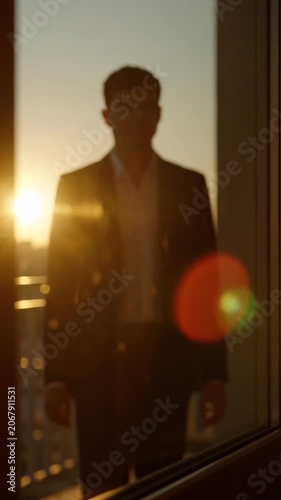 Silhouette of a man in a business suit walking on a balcony during a golden sunset with soft lens flare