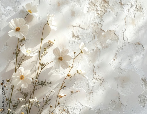 Delicate white cosmos flowers bloom against a textured white background with soft shadows.