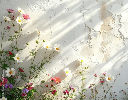 Delicate wildflowers bloom against a textured, sunlit wall.