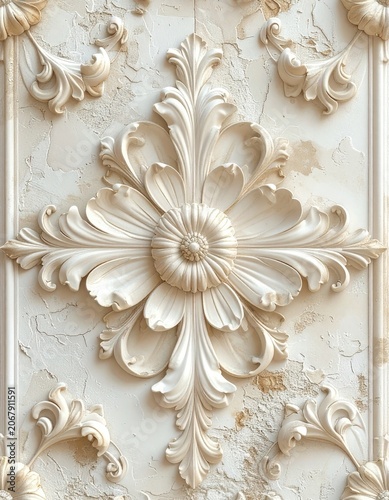 Elegant floral plasterwork adorns a textured wall.
