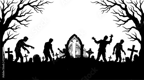 Foto Spooky Halloween graveyard panorama with walking zombie silhouettes cemetery gat