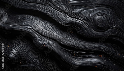Close-up of the intricate and textured surface of dark, wavy wood grain.