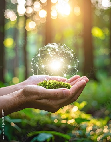 Hands holding a globe of green moss with a digital network overlay in a forest setting.