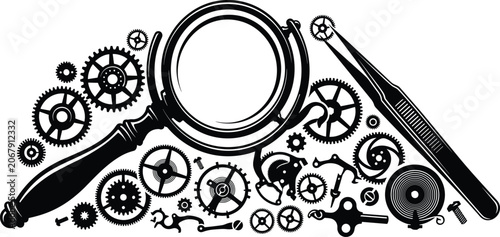 Принти на полотні Vintage Watchmaker Repair Tools Vector Set with Detailed Magnifying Glass Tweeze
