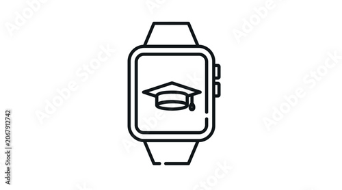 Smartwatch with graduation cap icon: wearable smart watch displaying e-learning and online university symbol on screen, minimalist black line art vector.