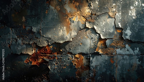 Close-up view of a dark, cracked wall with rusty orange patches.