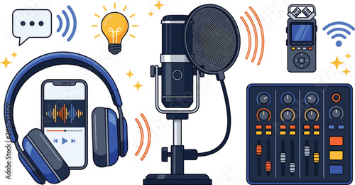Foto Professional Podcast and Audio Recording Vector Set with Studio Microphone Pop F
