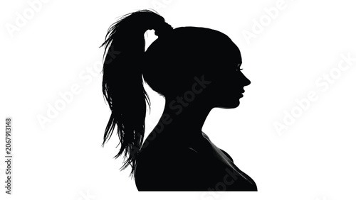 Fényképezés Woman is depicted as a solid black profile silhouette with her hair styled in a high ponytail against a stark white backdrop