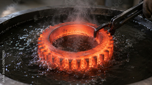 Blacksmith cooling hot metal gear in water tank. Process of hardening steel part using thermal treatment. Industrial manufacturing concept. Metalworking in workshop. Heavy metal industry.