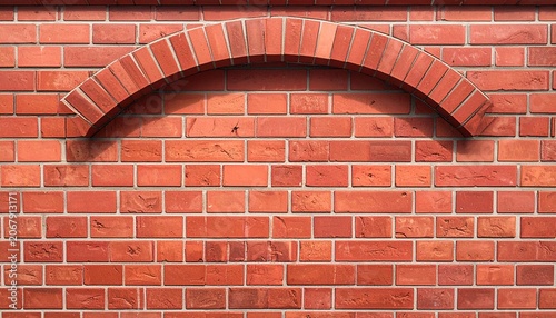 Red brick wall with arched recess and carvings