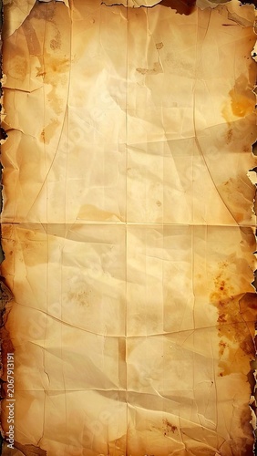 A vintage, crumpled paper texture with aged spots and torn edges.
