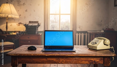 Retro desk setup with laptop and rotary phone