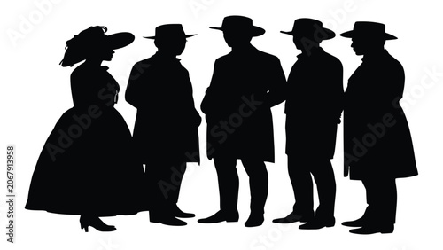 Foto Group of people dressed in historical nineteenth century attire stand together in a formal social gathering