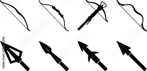 Canvas Print Collection of various archery bows, a crossbow, and diverse arrowheads in a prof