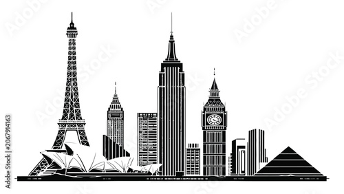 Εκτύπωση καμβά World landmarks including famous towers and monuments are combined into a single urban silhouette composition