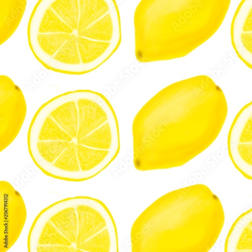 Hand drawn lemon seamless pattern featuring whole and sliced citrus fruits on a clean background. Suitable for packaging, textiles, wallpapers, kitchen decor, and summer-themed designs.