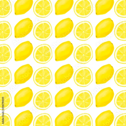 Hand drawn lemon seamless pattern featuring whole and sliced citrus fruits on a clean background. Suitable for packaging, textiles, wallpapers, kitchen decor, and summer-themed designs