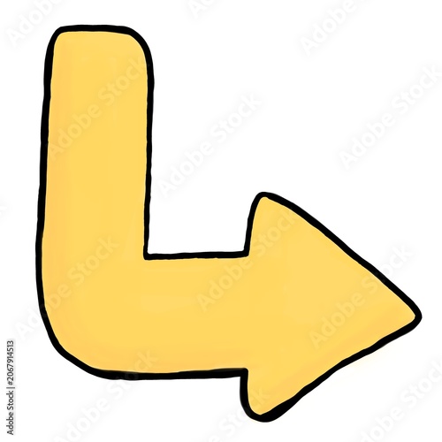 Hand drawn yellow right arrow illustration with bold outline isolated on white background. Ideal for navigation, user interface, infographic, and directional design projects.