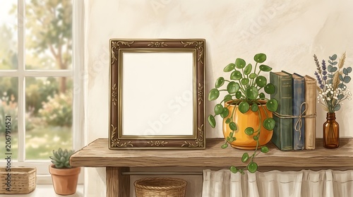 Vintage wooden frame with green plants on rustic shelf