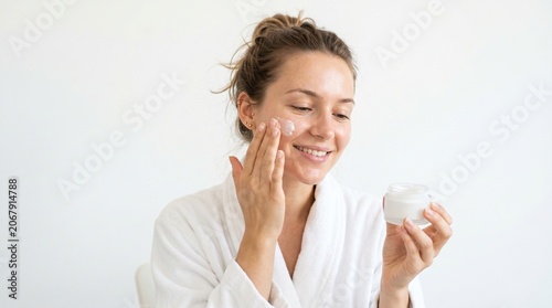 Young woman applying facial cream for skincare routine in a white bathrobe