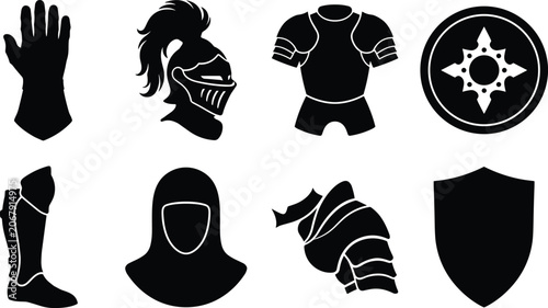 Bild auf Leinwand Set of black silhouette icons featuring various pieces of medieval knight armor