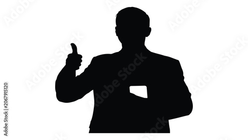 Foto Businessman wearing a suit gives a thumbs up gesture while holding a smartphone in his other hand