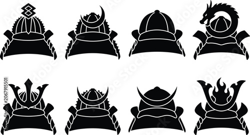 Cuadro en lienzo Set of black silhouettes of traditional Japanese samurai helmets with various or