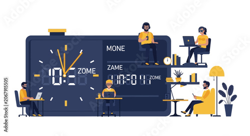 Flat Vector Illustration of People Working Around a Giant Clock Representing Time Management, Productivity, and Global Time Zones in a Remote Work Environment