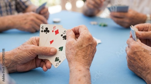 Close-up of senior hands holding playing cards at a table, showing 4 of clubs, 6 of diamonds, and 5 of spades while others play in the background