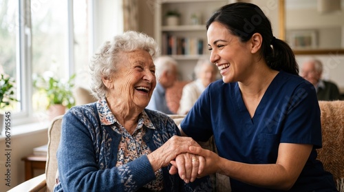 Smiling caregiver in scrub top holds hands with laughing elderly woman in cozy care home lounge; other seniors sit chatting in soft daylight by window