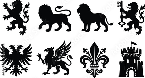 Canvastavla Set of Heraldic Silhouettes Featuring Lions, Griffins, Double Headed Eagle, Fleu