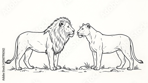 A majestic male lion and a female lion stand side by side.