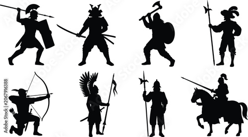 Bilde på lerret Set of historical warrior silhouettes featuring ancient soldiers knights and med