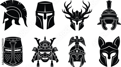 Tableau sur toile Set of historical warrior helmets and medieval armor headgear silhouettes for ga