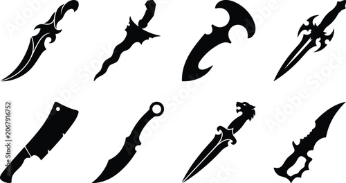 Tableau sur toile Set of various detailed knife and dagger silhouettes isolated on white for fanta