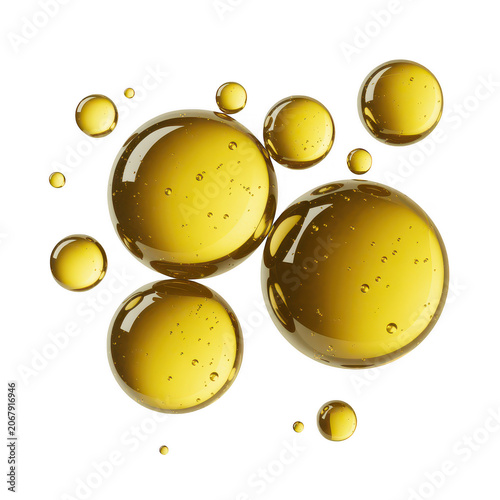 Golden yellow oil drops or liquid spheres floating against a solid , macro view of viscous cosmetic serum bubbles