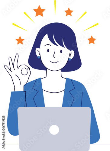 Woman sitting with laptop gives okay sign surrounded by stars