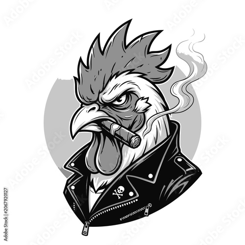 Aggressive rooster biker mascot smoking in black leather jacket.