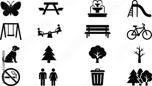 Foto Public park and outdoor recreation silhouette icon set featuring playground equi