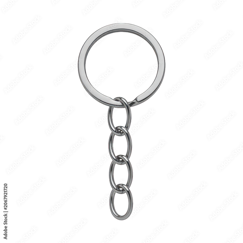 © Fatema - Shiny silver metal keychain with a circular ring and a short vertical chain, isolated on a white background, realistic metallic hardware
