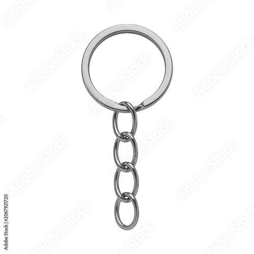 Shiny silver metal keychain with a circular ring and a short vertical chain, isolated on a white background, realistic metallic hardware