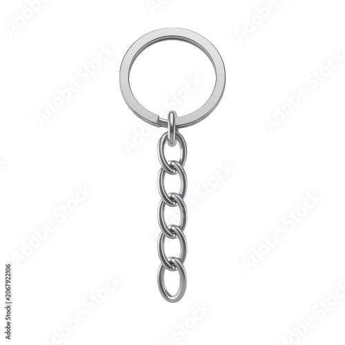 Shiny silver metal keychain with a circular ring and a short vertical chain, isolated on a white background, realistic metallic render