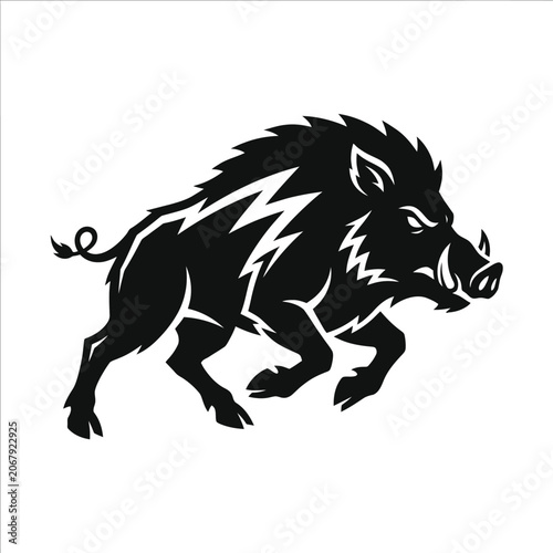 Aggressive charging wild boar silhouette emblem.