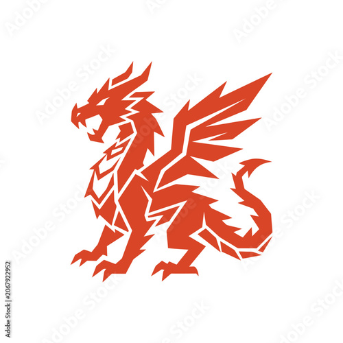 Aggressive red standing dragon geometric silhouette