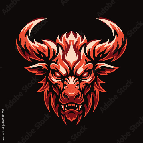 Aggressive red bull monster mascot head.