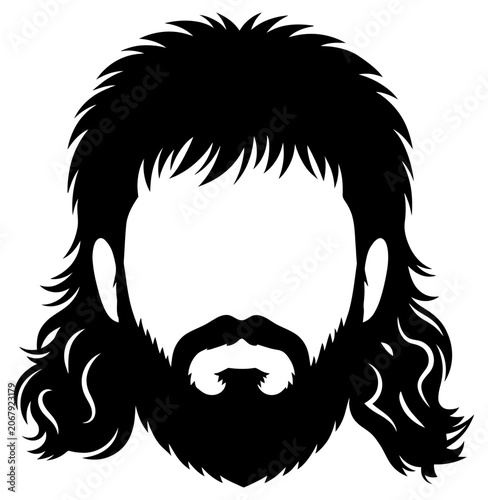 Tablou pe pânză Beard illustration featuring a rugged male face with mullet hairstyle on transpa